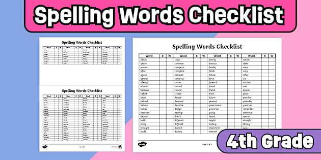 Fourth Grade Spelling Words Checklist
