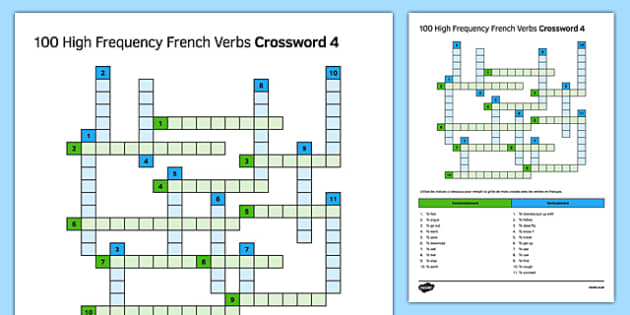 100 High Frequency French Verbs 4 Crossword (teacher made)