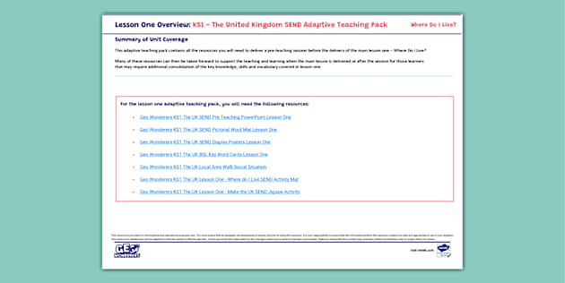 Geo Wonderers KS1 The UK SEND Adaptive Teaching Pack Lesson One Overview