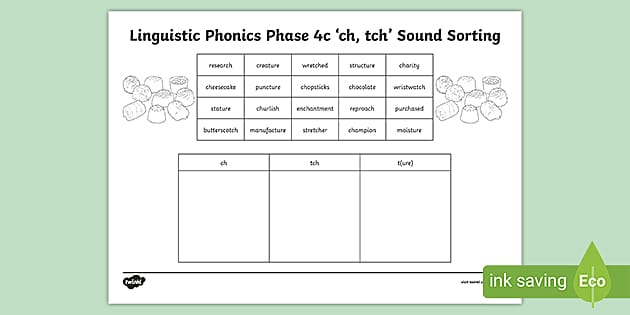 Linguistic Phonics Phase 4c 'ch, tch' Sound Sorting Worksheet