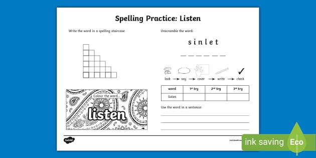 Listen Spelling Practice Worksheet (teacher made) - Twinkl