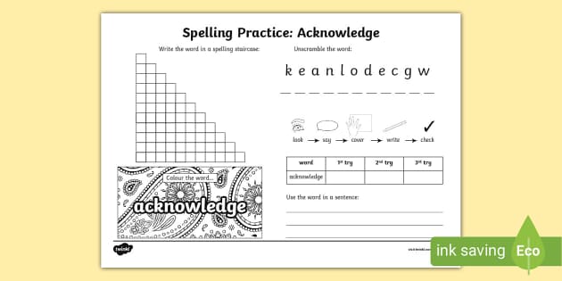 Acknowledge Spelling Practice Worksheet (Teacher-Made)