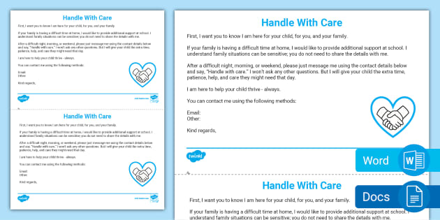 FREE Editable Handle With Care Teacher Note Twinkl