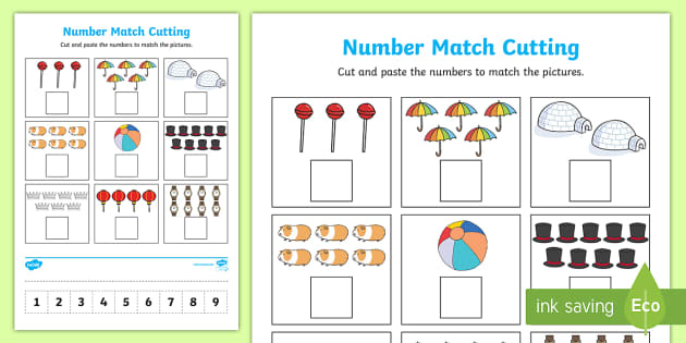 number matching cut and paste 1 to 9 worksheet worksheet