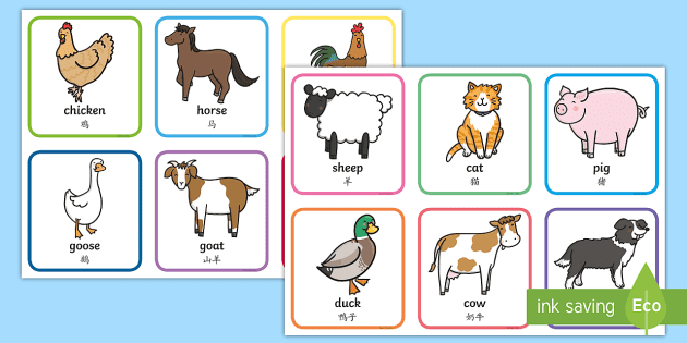 Cute Farm Animals Matching Cards English/Mandarin Chinese - Farm Animals