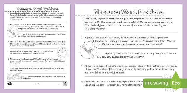 measurement word problems worksheet teacher made