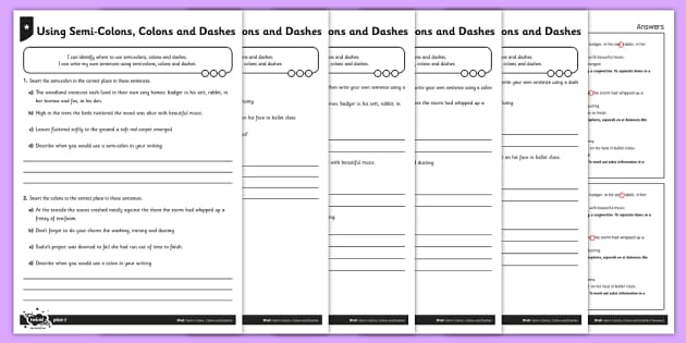 Colons and Semicolons Worksheet - Using Semi-Colons, Colons and Dashes