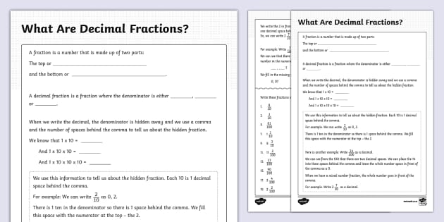 What Are Decimal Fractions - Notes and Activity - Twinkl