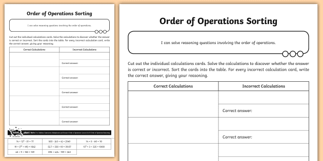 Sorting Order of Operations Worksheet | Twinkl Resources