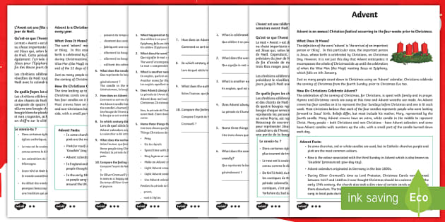 Advent Differentiated Reading Comprehension Activity English/French