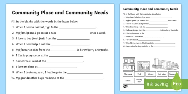 community places and community needs fill in the blanks worksheet worksheet