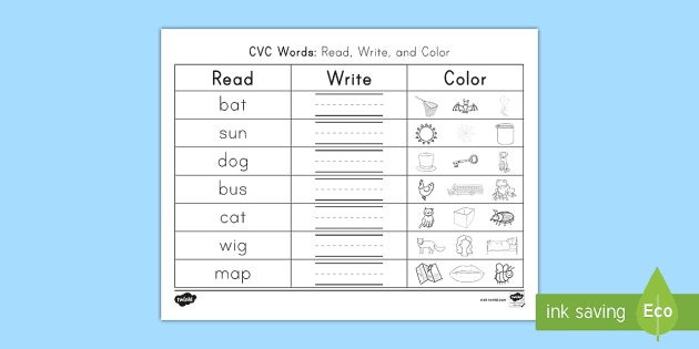 CVC Words Read, Write, and Color Activity