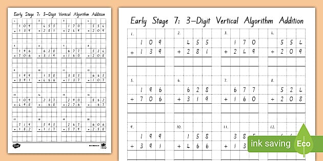 Early Stage 7: 3 digit Vertical Algorithm Addition Activity
