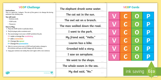 Two Player Vocabulary Connectives Openers Punctuation Game - VCOP