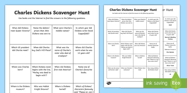 Charles Dickens Research Scavenger Hunt (teacher Made)