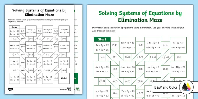 Eighth Grade Solving Systems of Equations by Elimination Maze Activity