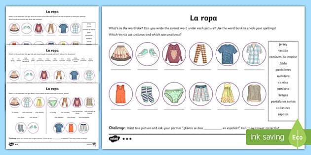 Clothes Worksheet Spanish Clothing words Activity - Twinkl