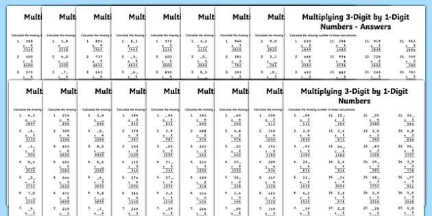 3 digit x 1 digit multiplication missing numbers worksheets