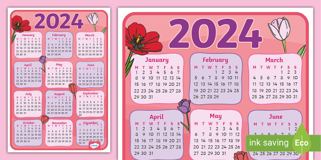 Tulips-Themed 2024 Wall Calendar Poster (teacher made)