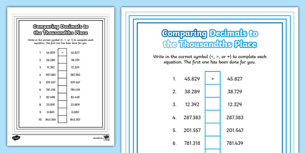 comparing decimals to the thousandths place worksheet