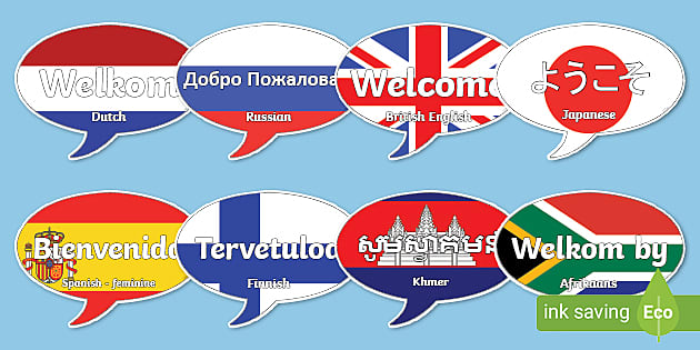 Mixed Languages Welcome on Speech Bubbles - Twinkl