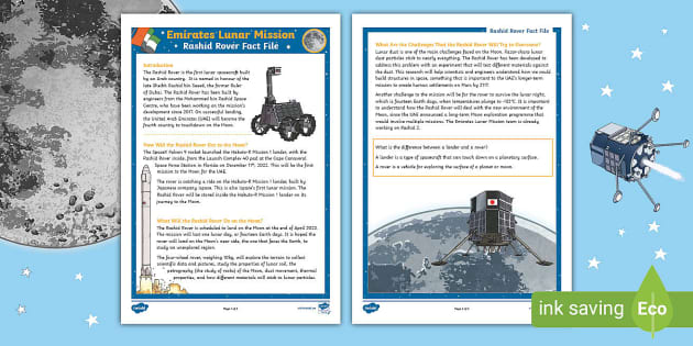 Emirates Lunar Mission: Rashid Rover - Fact File - Twinkl