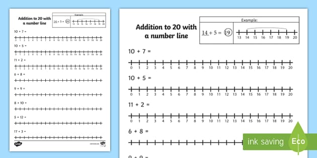 Addition to 20 with a Number Line Worksheet - KS1 Maths