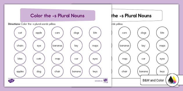 Kindergarten Color the s Plural Nouns Worksheet Twinkl