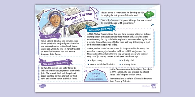 KS2 Mother Teresa Fact File - KS2 (teacher made) - Twinkl