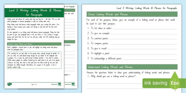 Level 3: Linking Words & Phrases for Paragraphs Worksheet