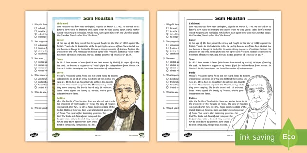 Fourth Grade Sam Houston Reading Comprehension Activity