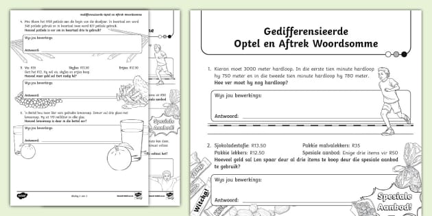 Gedifferensiëerde Optel en Aftrek Woordsomme Aktwiteitskaart