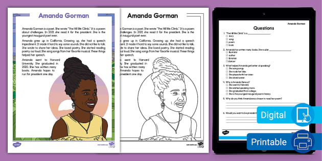 First Grade Amanda Gorman Reading Comprehension Activity