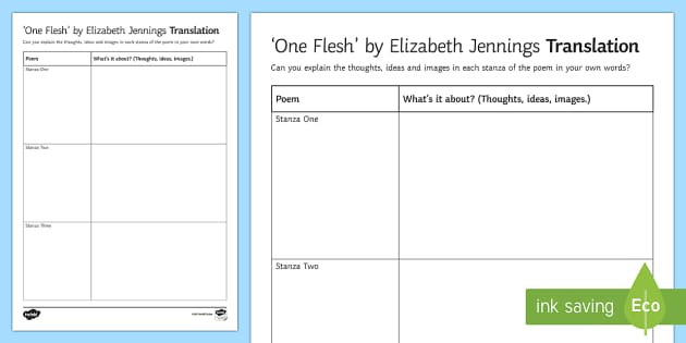 GCSE Poetry One Flesh By Elizabeth Jennings HA Translation Worksheet