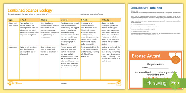 AQA GCSE Ecology Homework Grid (Combined Science) - Twinkl