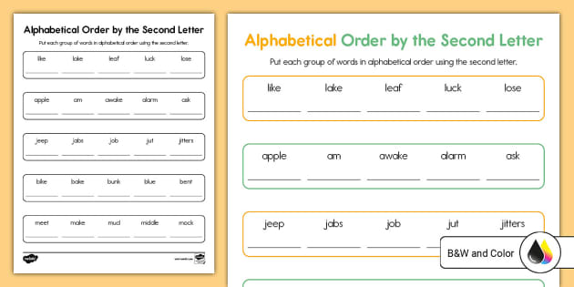 Alphabetical Order by Second Letter Worksheet for K-2nd Grade