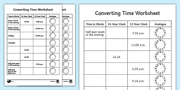 converting 12 hour to 24 hour time on an analog clock activity