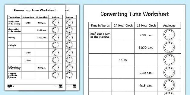 Converting 12 Hour To 24 Hour Time On An Analog Clock Activity