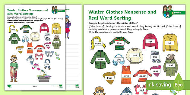 Phonics Level 4 Winter Clothes Nonsense and Real Word Sorting