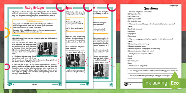 LKS2 Ruby Bridges Differentiated Reading Comprehension Activity