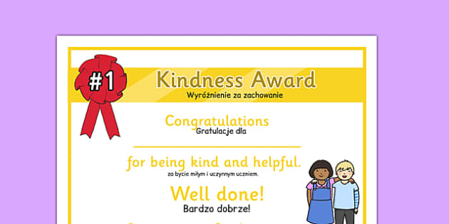 Kindness Award Certificate Polish Translation (teacher made)