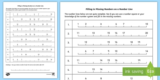 Filling in Missing Numbers on a Number Line to 20 Worksheet