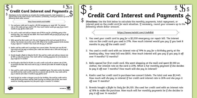 Eighth Grade Credit Card Interest and Payments Practice