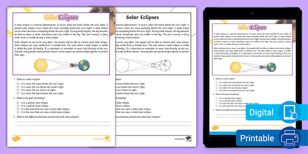 Solar Eclipses Reading Passage Comprehension Activity