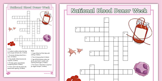 National Blood Donor Week Crossword (teacher made) Twinkl