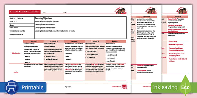 Gr. R Phonics: S Lesson Plan Week 20 (teacher Made) - Twinkl