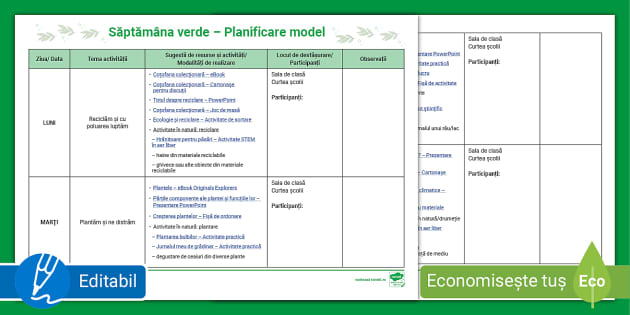 GRATUIT Planificare săptămâna verde pentru ciclul primar – Model