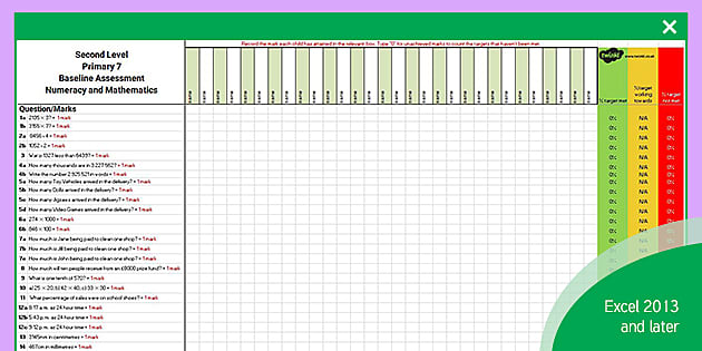 Second Level (P7) Baseline Maths Analysis Assessment Spreadsheet