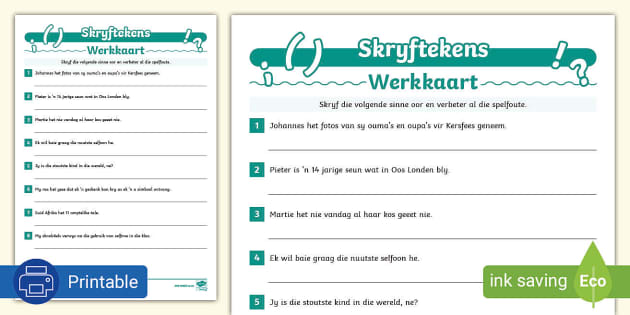 Afrikaans Leestekens Worksheets - Grade 8 - Senior Phase