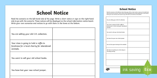 School Notice Writing Worksheet / Worksheet - Twinkl